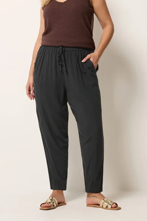 Yours Curve Black Chambray Barrel Trousers - 30-32 Image 1