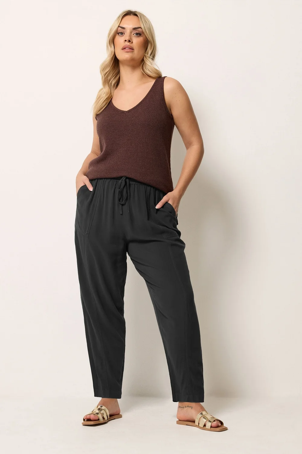 Yours Curve Black Chambray Barrel Trousers - 30-32 Image 2