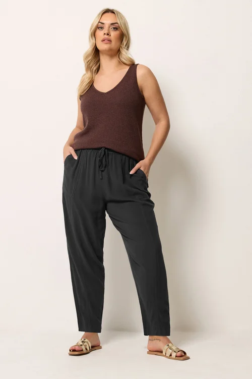 Yours Curve Black Chambray Barrel Trousers - 30-32 Image 2