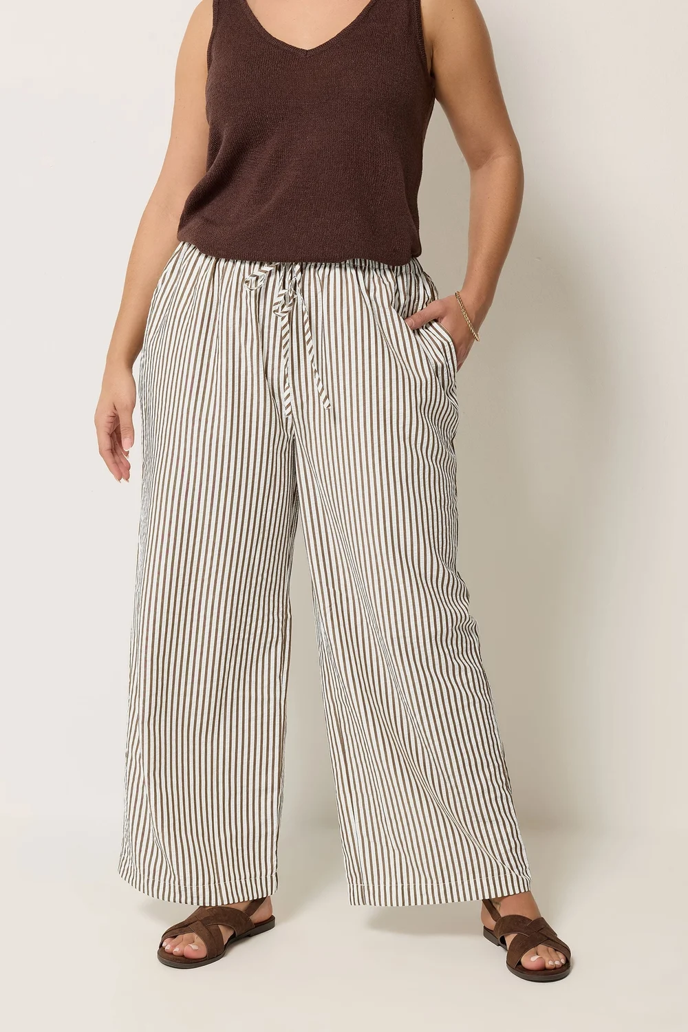 Yours Curve Chocolate Brown Stripe Trousers - 20 Image 2