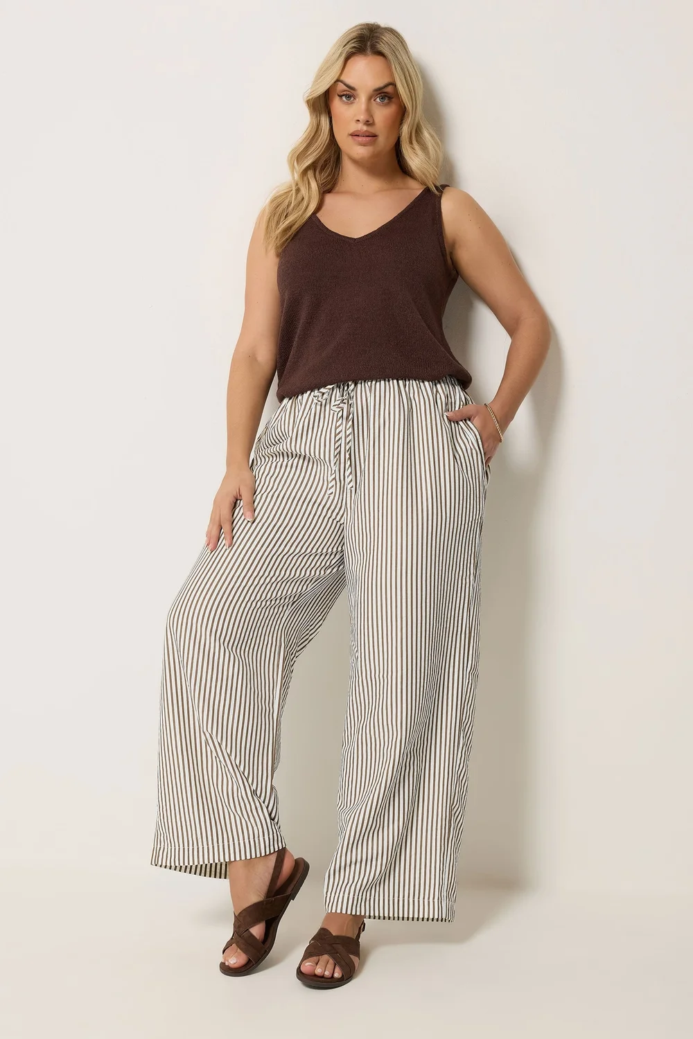 Yours Curve Chocolate Brown Stripe Trousers - 20 Image 3