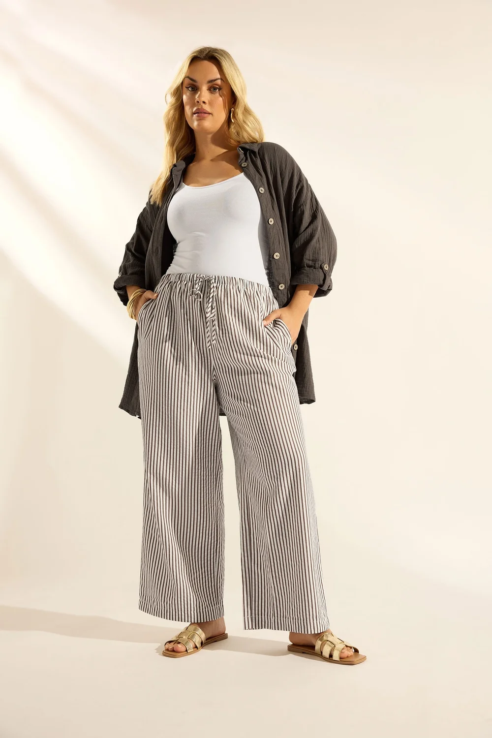 Yours Curve Chocolate Brown Stripe Trousers - 20 Image 1