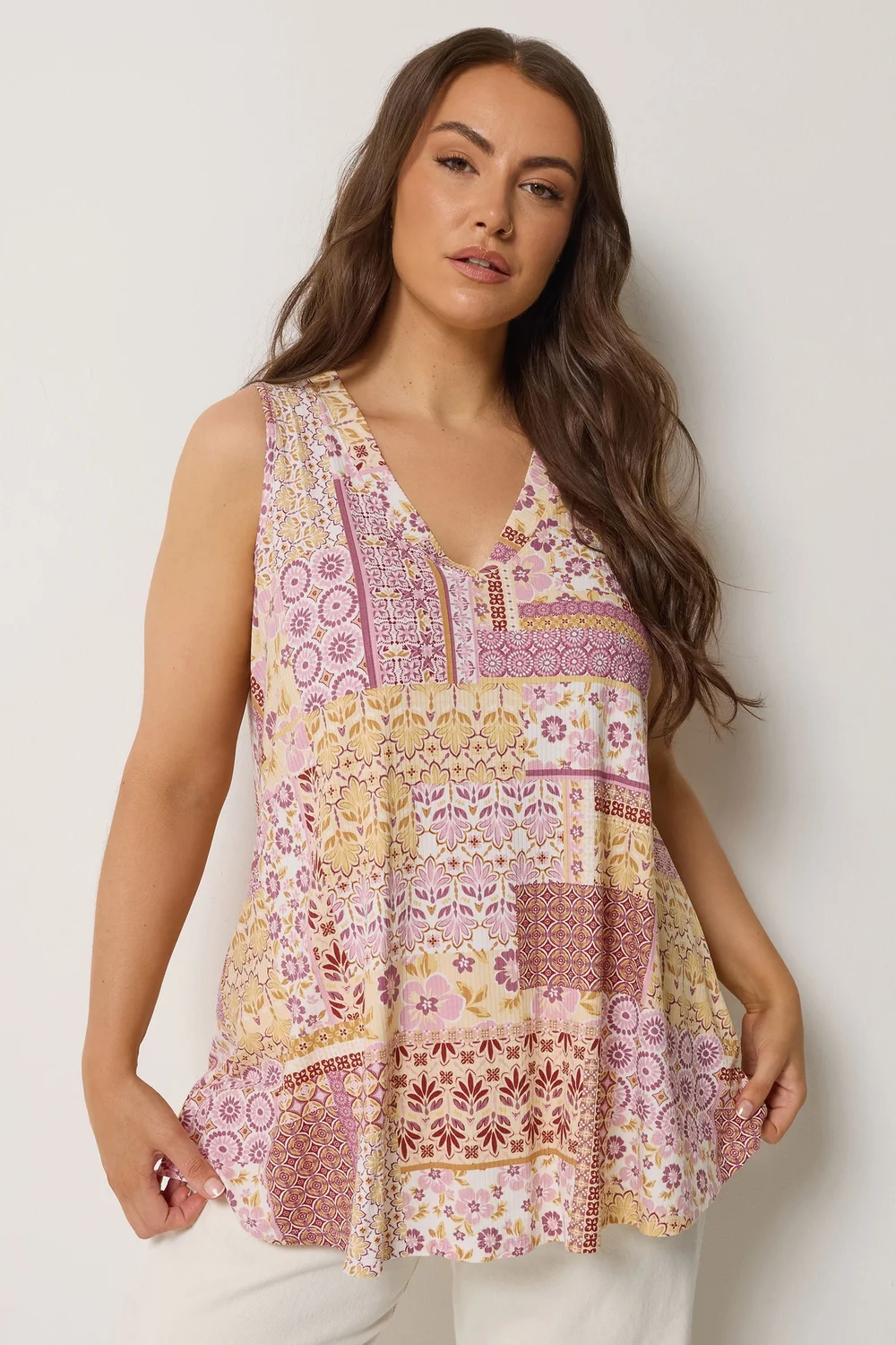 Yours Curve Purple Patchwork Ribbed Vest Top - 14 Image 1