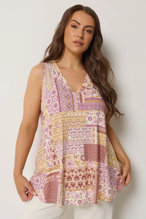 Yours Curve Purple Patchwork Ribbed Vest Top - 14 Image 1