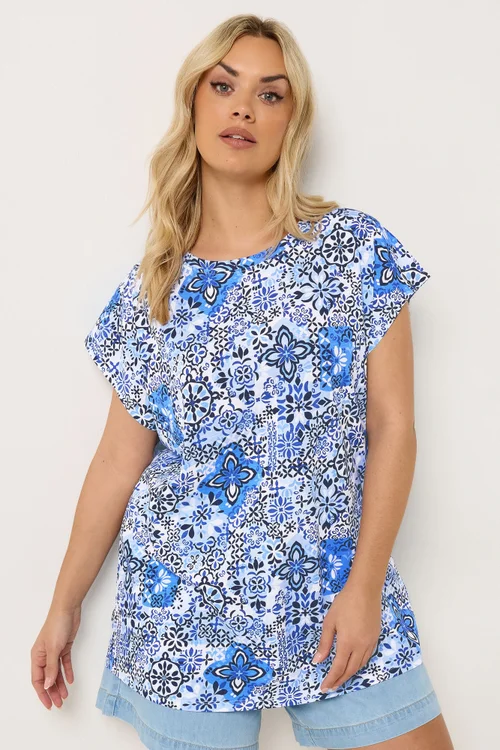 Yours Curve Blue Mosaic Print T-Shirt - 26-28 Image 1