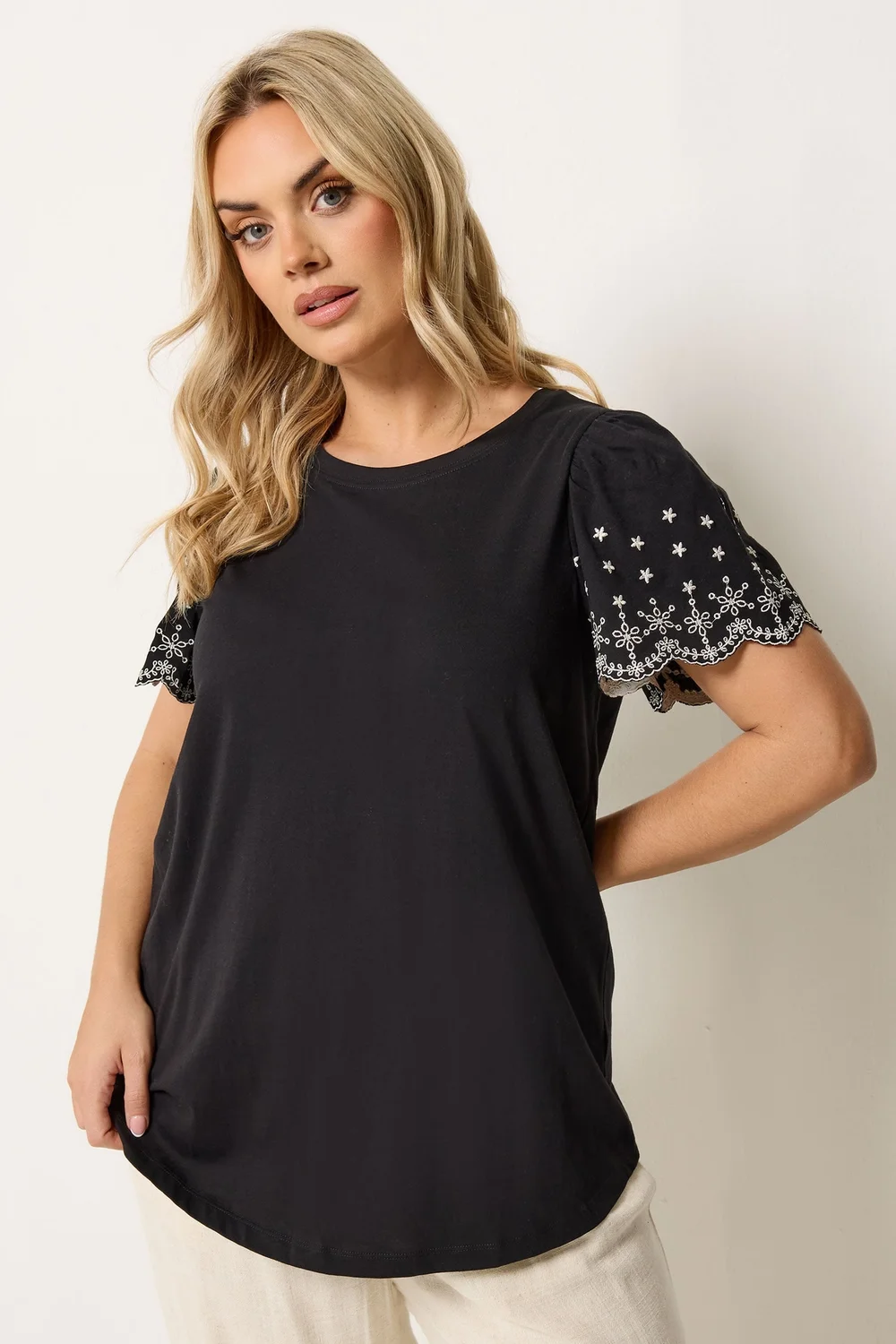 Yours Curve Black Embroidered Sleeve T-Shirt - 18 Image 1