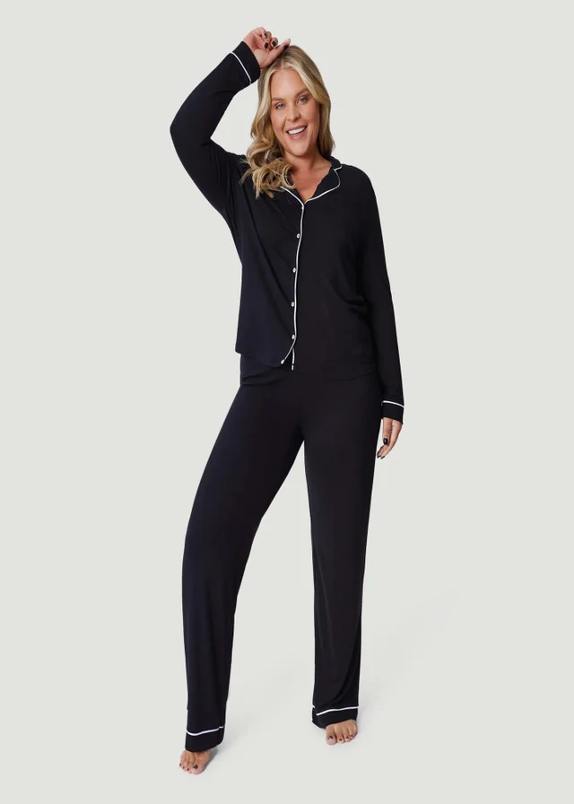 Conturve Black Oversized Jersey Piping Detail Long PJ Set