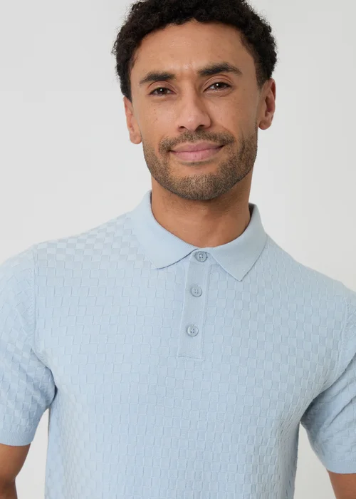 Threadbare Blue Basket Stitch Short Sleeve Knitted Polo - XL Image 4