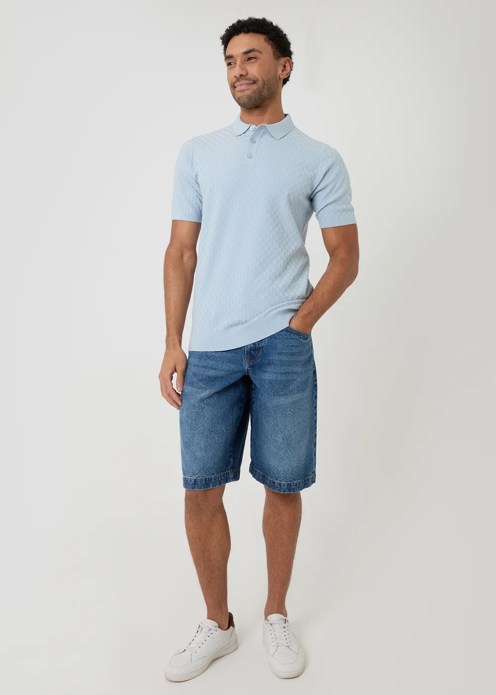 Threadbare Blue Basket Stitch Short Sleeve Knitted Polo - XL Image 3