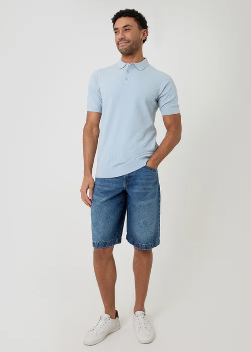 Threadbare Blue Basket Stitch Short Sleeve Knitted Polo - XL Image 3
