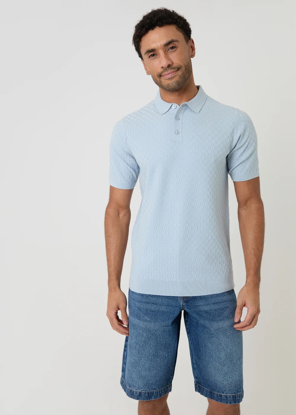 Threadbare Blue Basket Stitch Short Sleeve Knitted Polo - XL Image 1