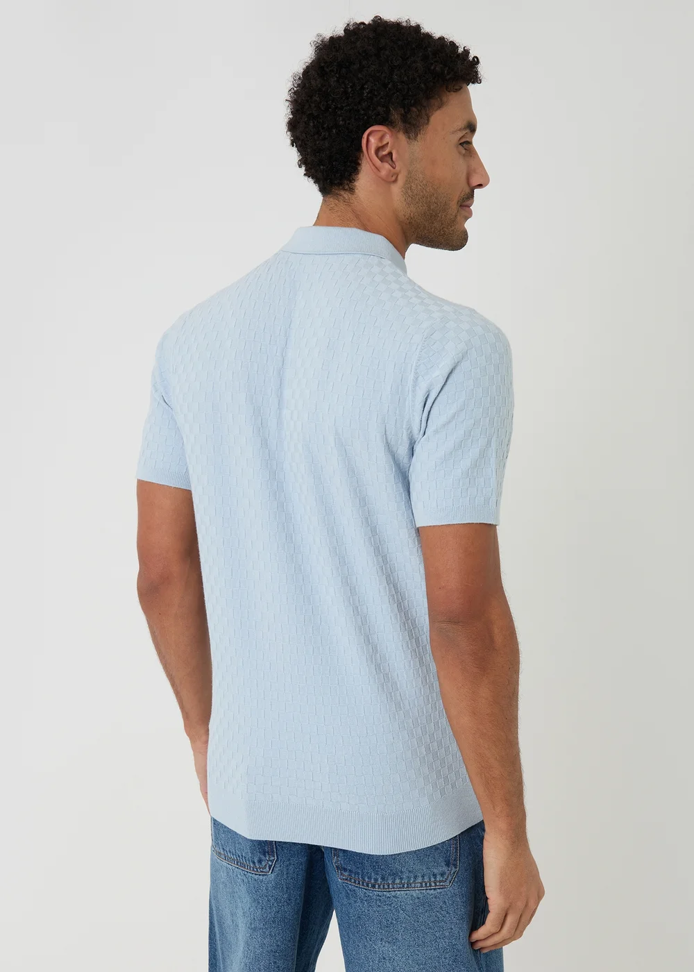 Threadbare Blue Basket Stitch Short Sleeve Knitted Polo - XL Image 2