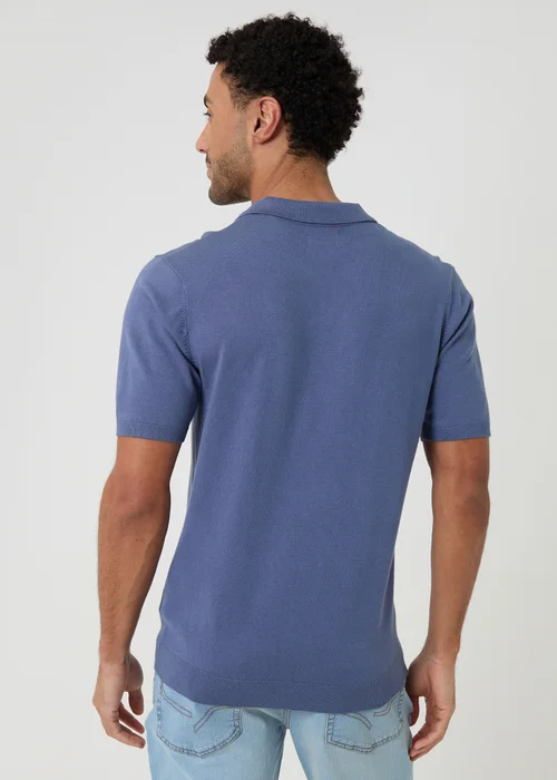 Threadbare Blue Knitted Short Sleeve Trophy Neck Polo - S Image 2