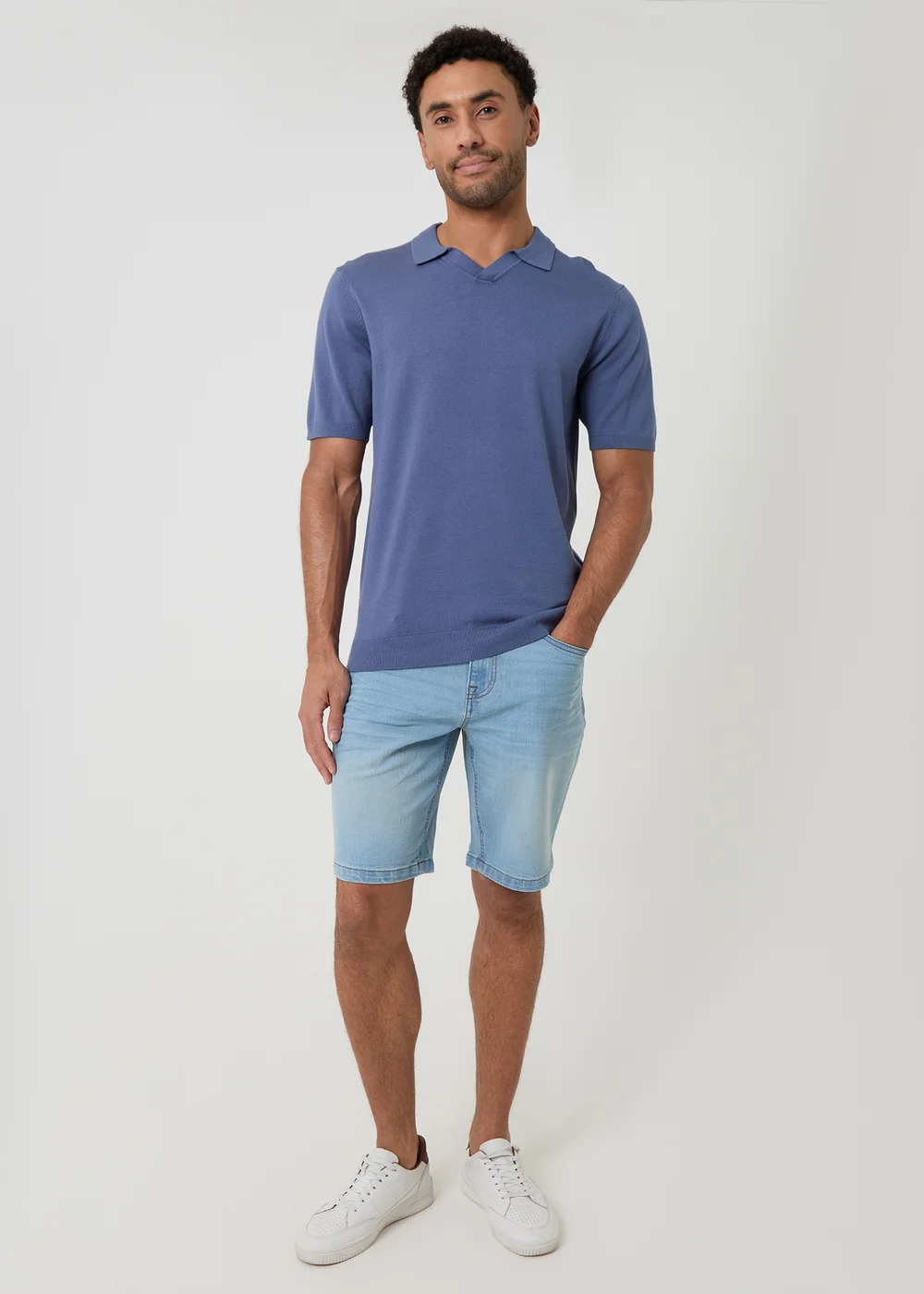 Threadbare Blue Knitted Short Sleeve Trophy Neck Polo - S Image 3