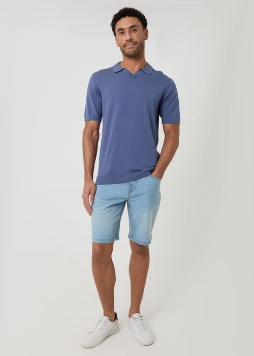Threadbare Blue Knitted Short Sleeve Trophy Neck Polo - S Image 3
