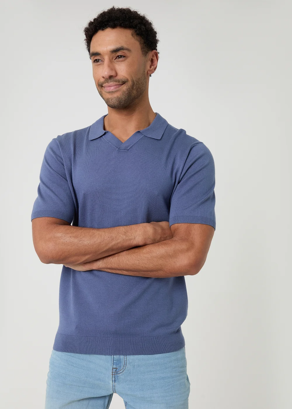 Threadbare Blue Knitted Short Sleeve Trophy Neck Polo - S Image 1