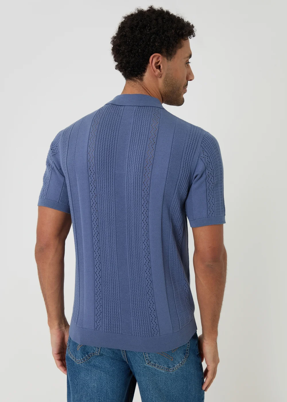 Threadbare Blue Cotton Textured Stripe Knitted Polo - S Image 2