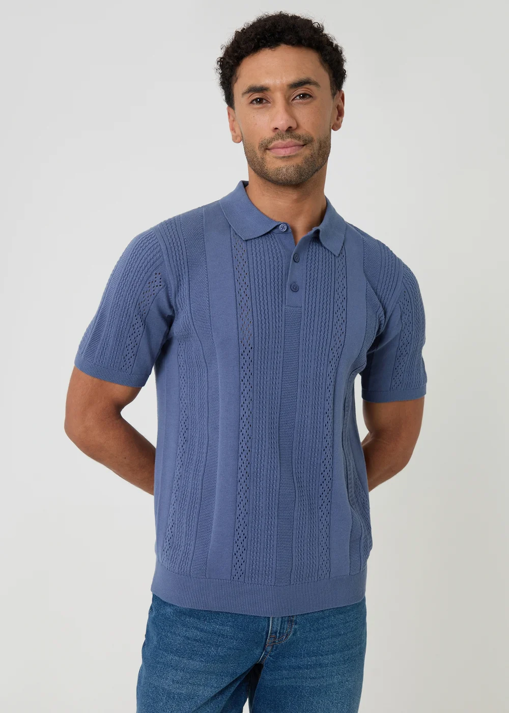 Threadbare Blue Cotton Textured Stripe Knitted Polo - S Image 1