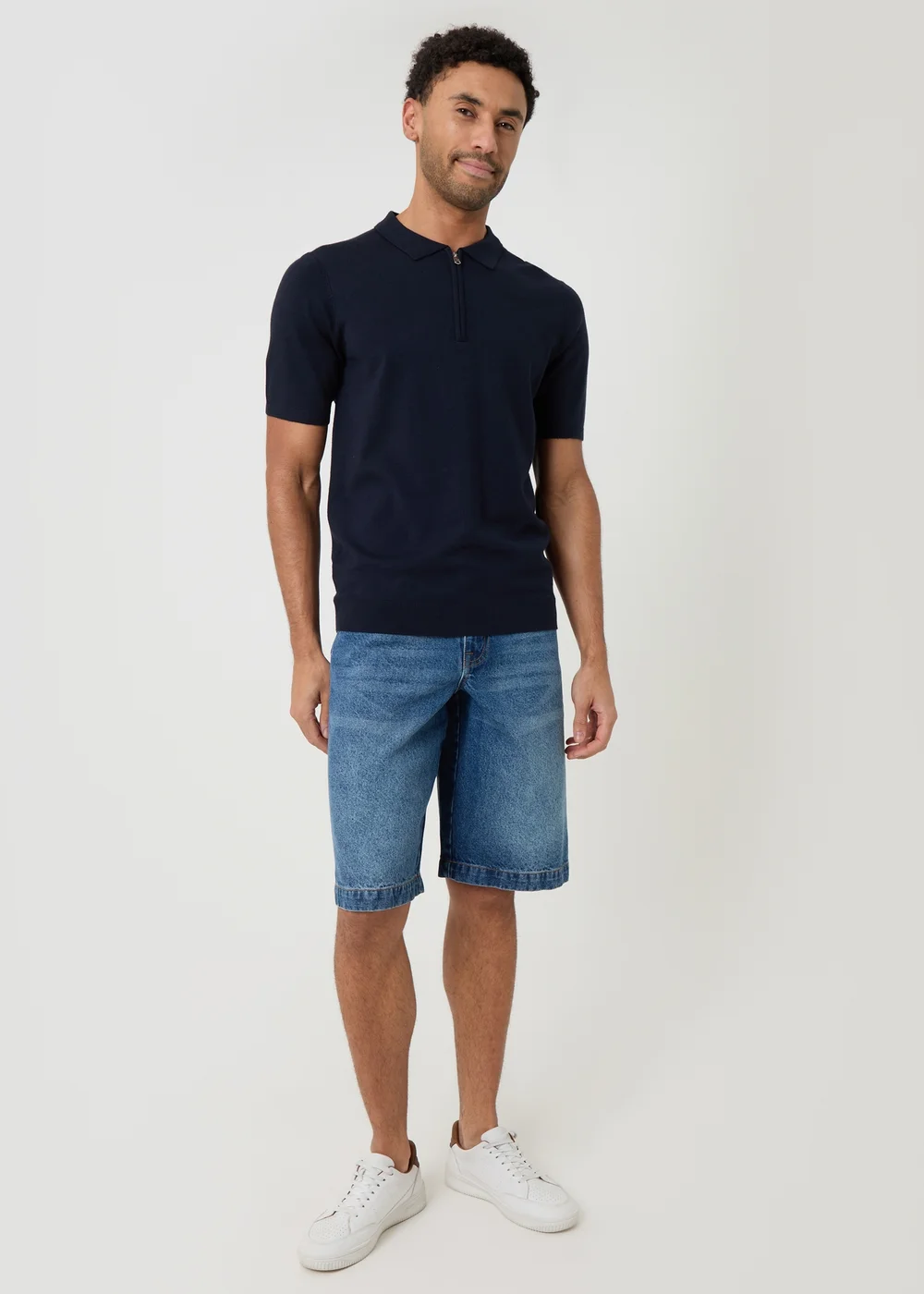 Threadbare Navy Quarter Zip Knitted Polo - L Image 3
