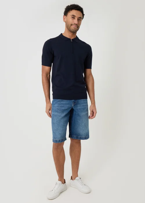 Threadbare Navy Quarter Zip Knitted Polo - L Image 3