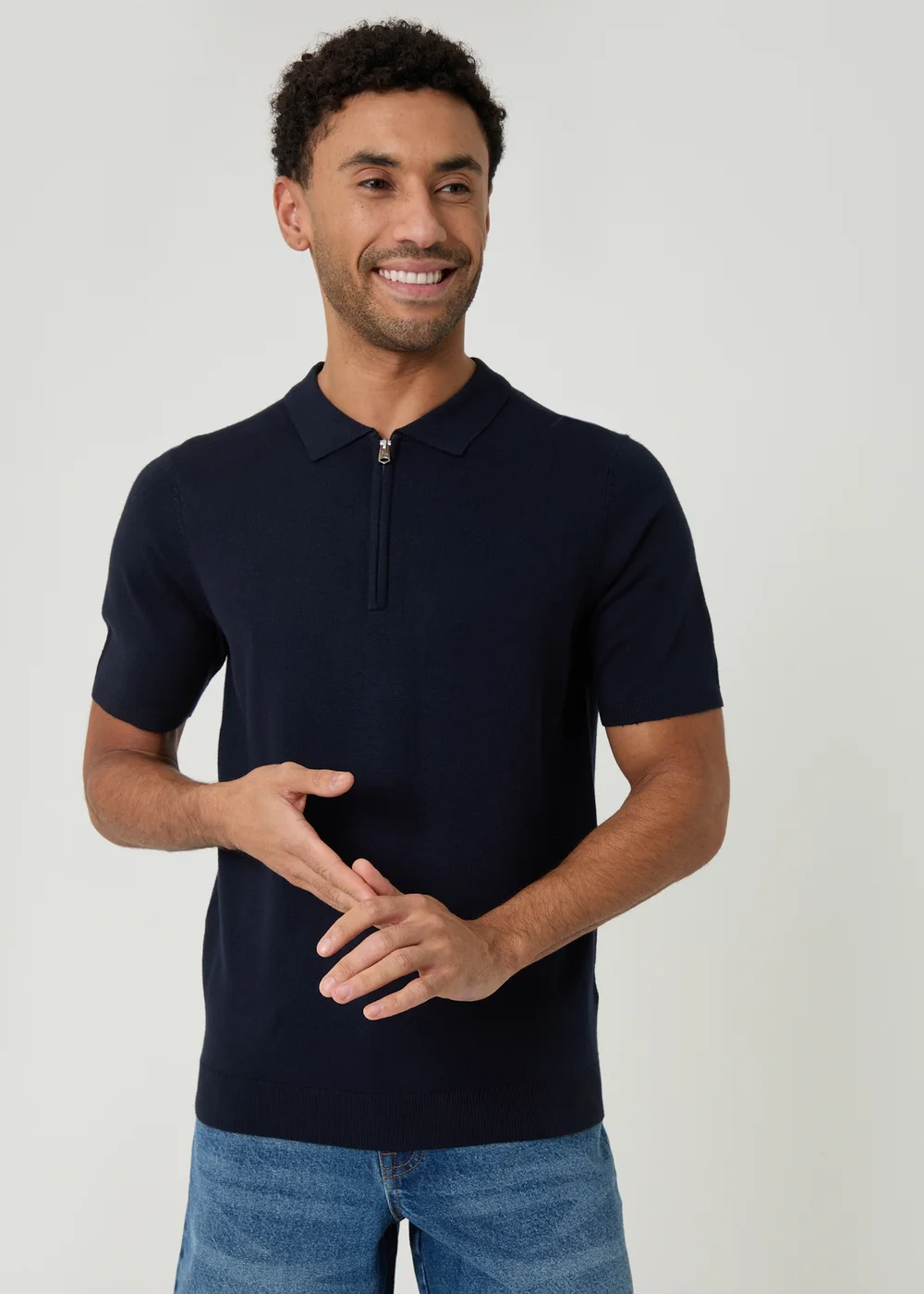Threadbare Navy Quarter Zip Knitted Polo - L Image 1