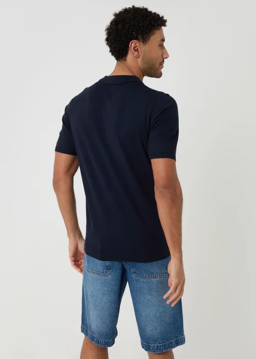 Threadbare Navy Quarter Zip Knitted Polo - L Image 2