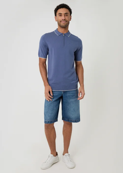 Threadbare Blue Knitted Quarter Zip Polo With Contrast Tipping - L Image 3