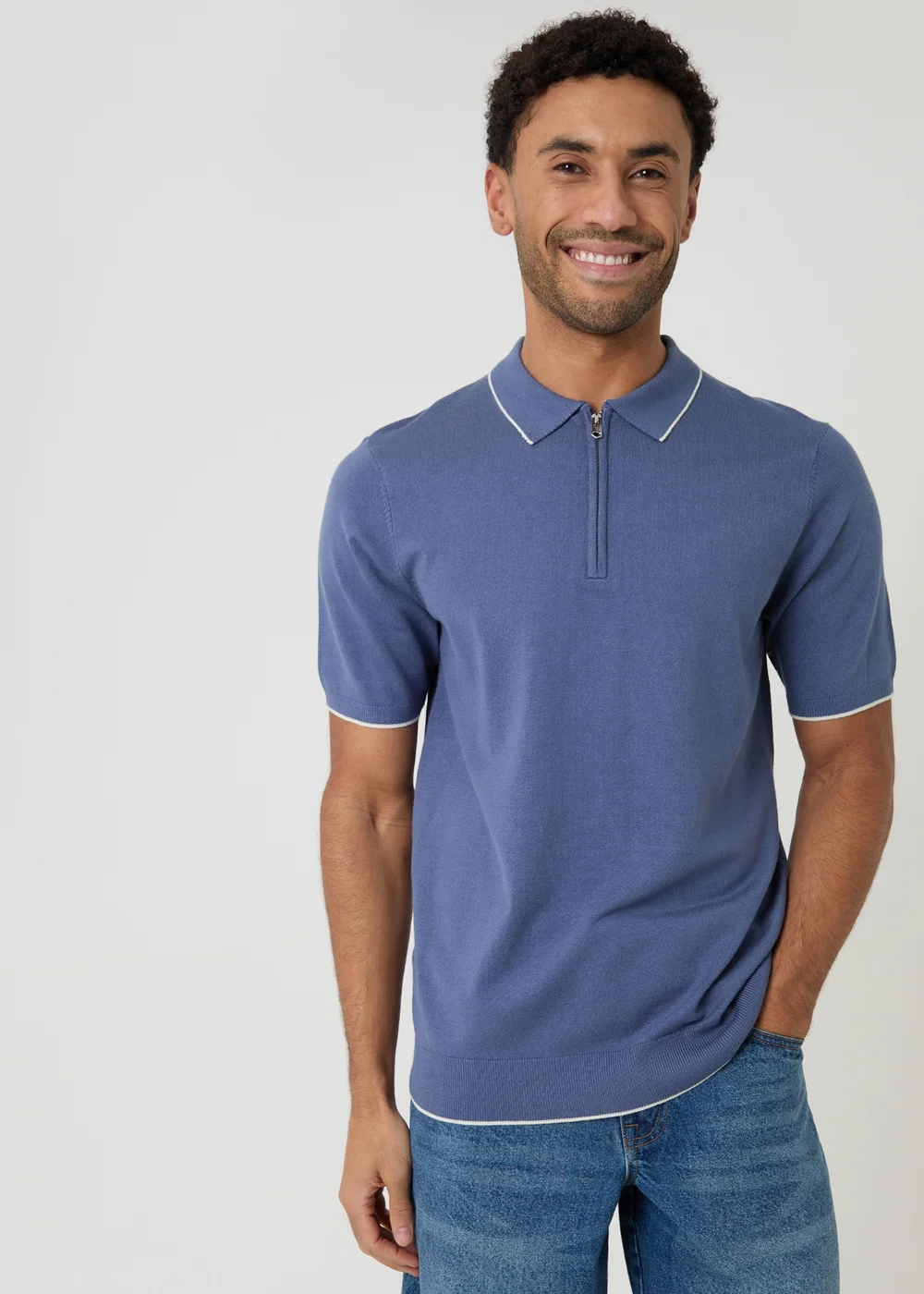 Threadbare Blue Knitted Quarter Zip Polo With Contrast Tipping - L Image 1