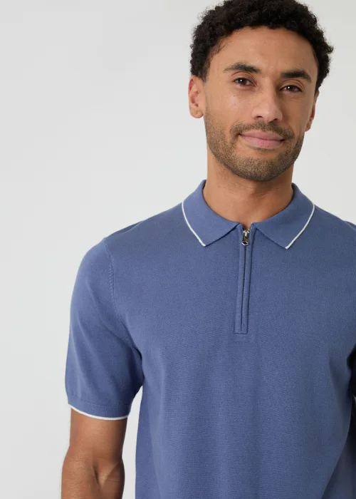 Threadbare Blue Knitted Quarter Zip Polo With Contrast Tipping - L Image 4
