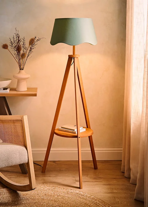 ValueLights Morrigan Shelf Floor Lamp Mid Wood with Sage Green Scalloped Linen Shade - One Size Image 2
