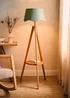 ValueLights Morrigan Shelf Floor Lamp Mid Wood with Sage Green Scalloped Linen Shade - One Size Image 2