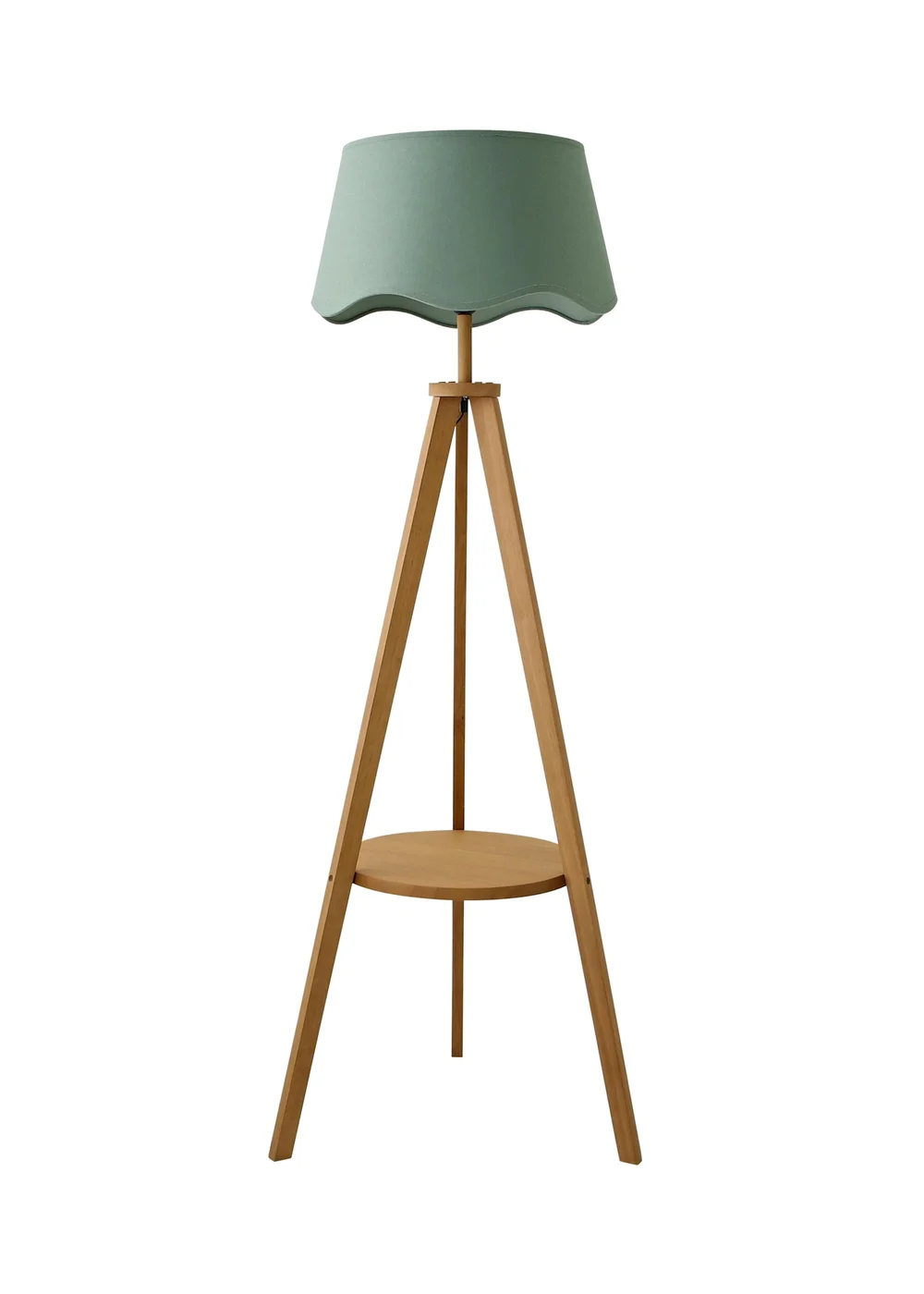 ValueLights Morrigan Shelf Floor Lamp Mid Wood with Sage Green Scalloped Linen Shade - One Size Image 4