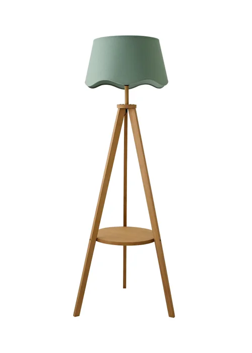 ValueLights Morrigan Shelf Floor Lamp Mid Wood with Sage Green Scalloped Linen Shade - One Size Image 4