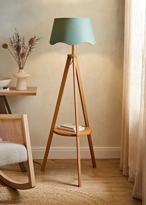 ValueLights Morrigan Shelf Floor Lamp Mid Wood with Sage Green Scalloped Linen Shade - One Size Image 1