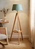 ValueLights Morrigan Shelf Floor Lamp Mid Wood with Sage Green Scalloped Linen Shade - One Size Image 1