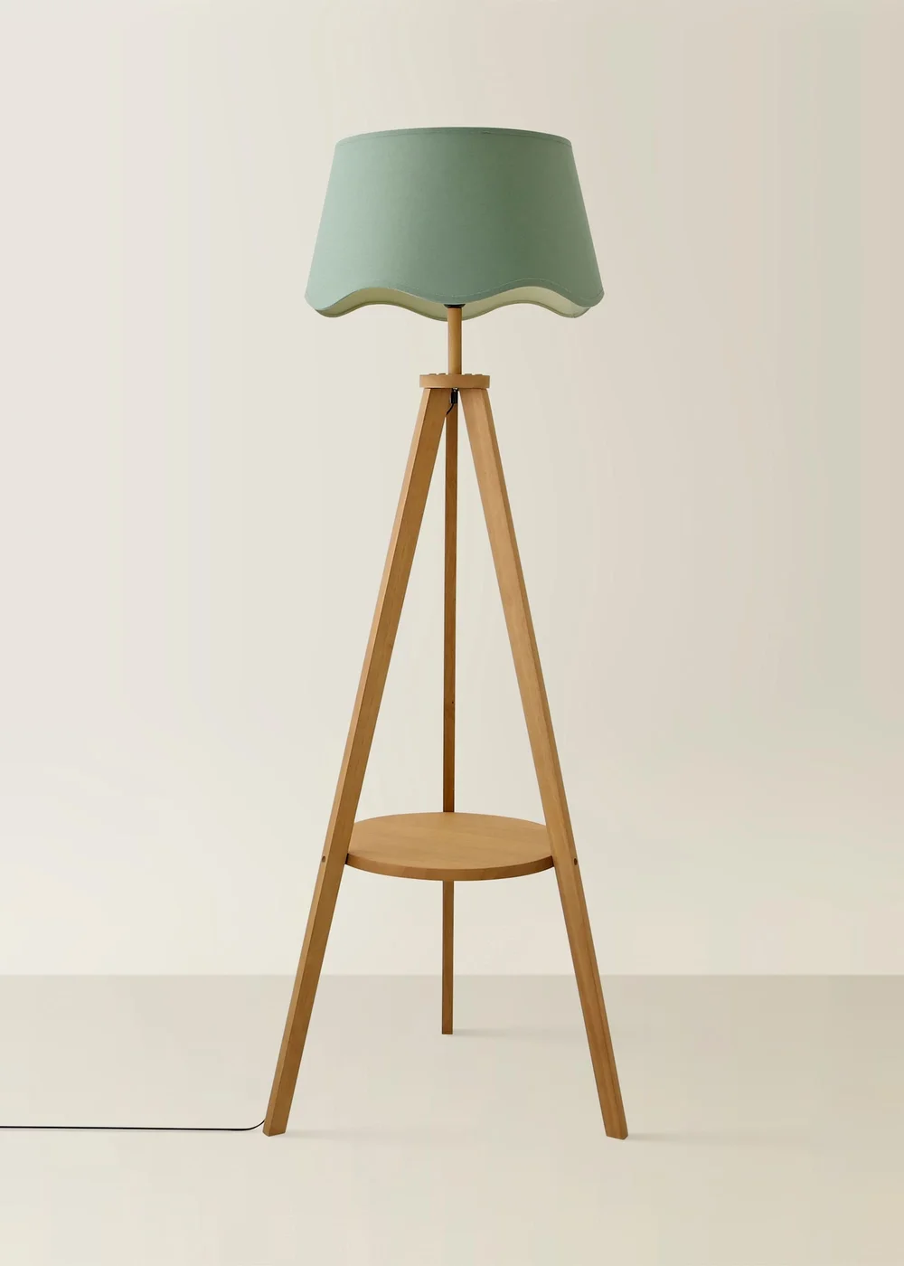 ValueLights Morrigan Shelf Floor Lamp Mid Wood with Sage Green Scalloped Linen Shade - One Size Image 3