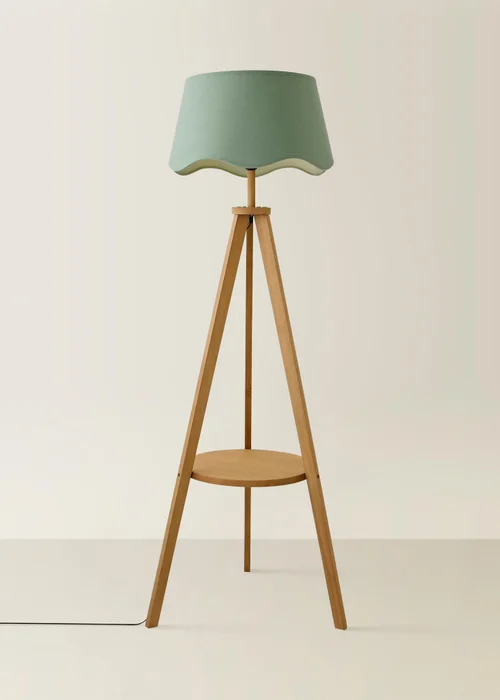 ValueLights Morrigan Shelf Floor Lamp Mid Wood with Sage Green Scalloped Linen Shade - One Size Image 3
