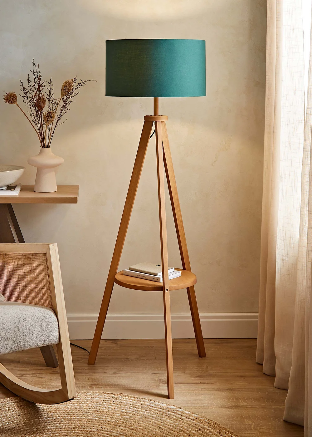 ValueLights Morrigan Shelf Floor Lamp Mid Wood with Forest Green Drum Shade - One Size Image 1