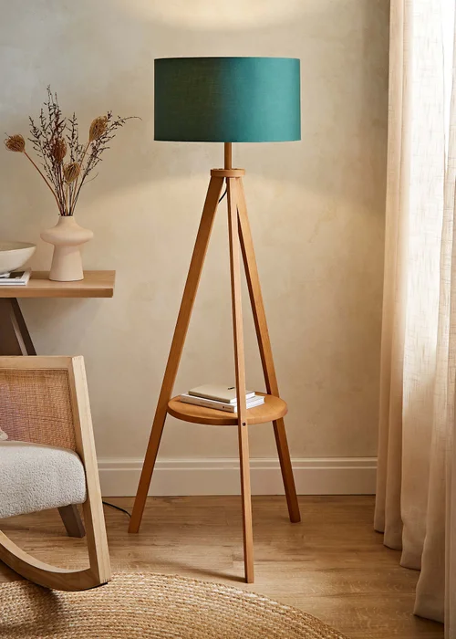 ValueLights Morrigan Shelf Floor Lamp Mid Wood with Forest Green Drum Shade - One Size Image 1