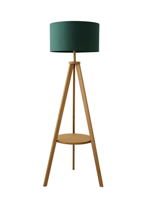 ValueLights Morrigan Shelf Floor Lamp Mid Wood with Forest Green Drum Shade - One Size Image 5