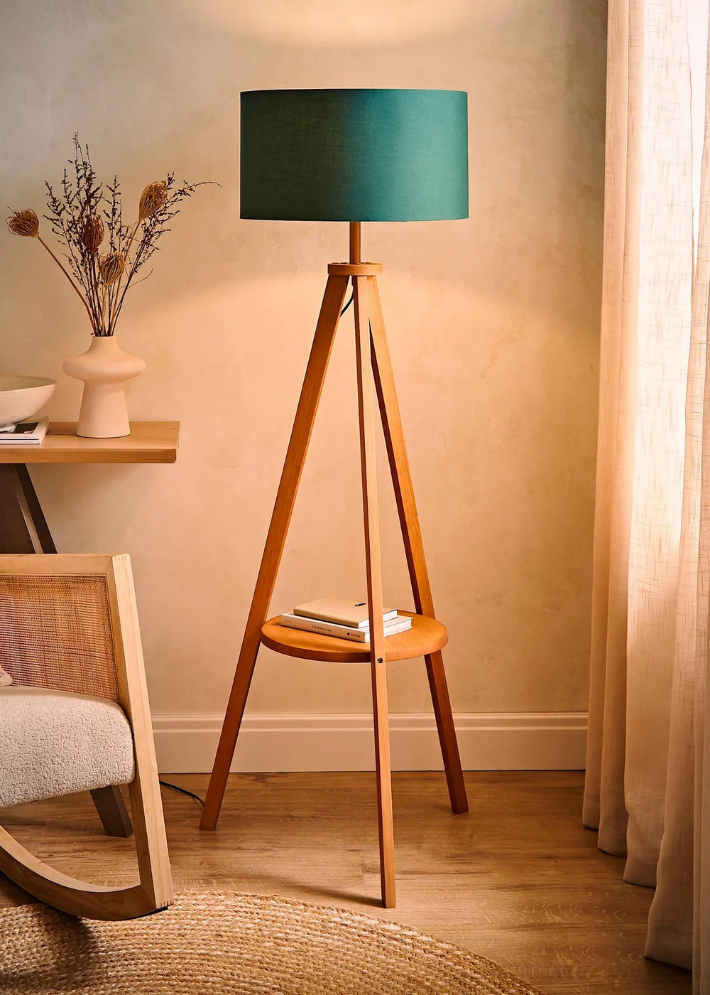 ValueLights Morrigan Shelf Floor Lamp Mid Wood with Forest Green Drum Shade - One Size Image 2