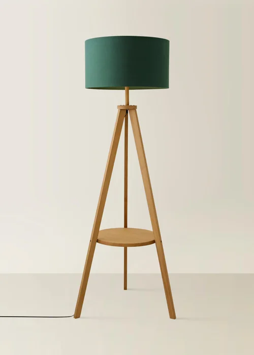 ValueLights Morrigan Shelf Floor Lamp Mid Wood with Forest Green Drum Shade - One Size Image 3