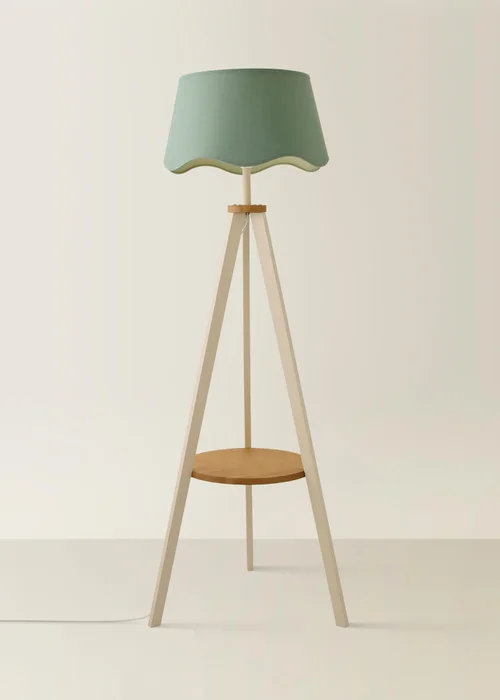ValueLights Morrigan Shelf Floor Lamp Painted Cream with Sage Green Scalloped Linen Shade - One Size Image 2