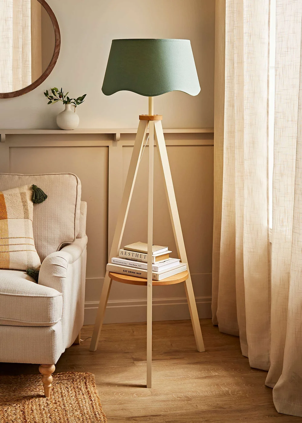 ValueLights Morrigan Shelf Floor Lamp Painted Cream with Sage Green Scalloped Linen Shade - One Size Image 4