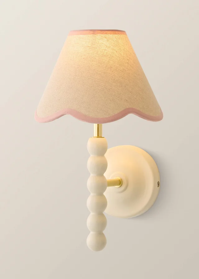 ValueLights Bobble Cream Wall Light with Pink Trim Scallop Shade