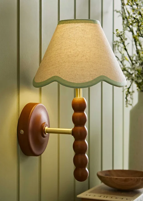 ValueLights Bobble Walnut Wall Light with Green Trim Scallop Shade - One Size Image 4