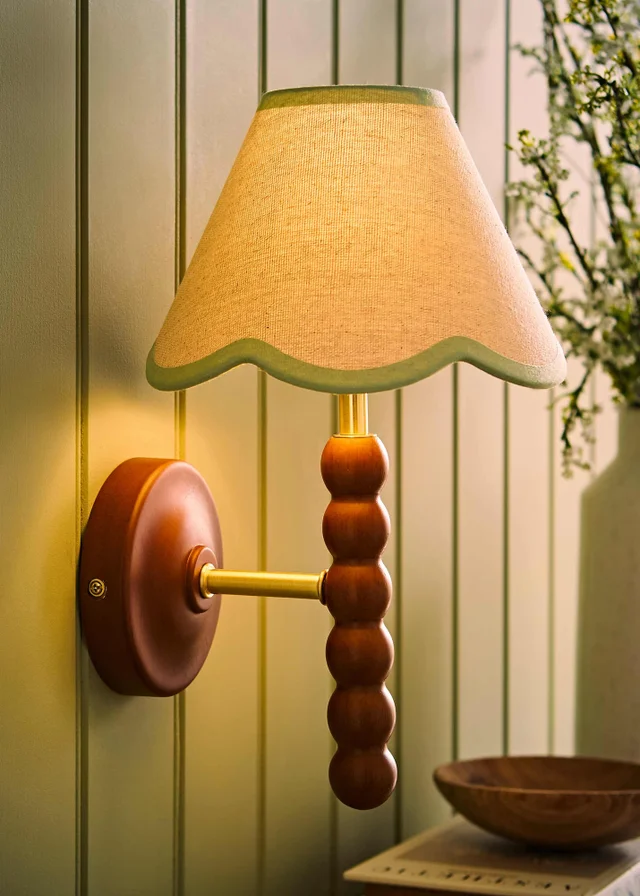 ValueLights Bobble Walnut Wall Light with Green Trim Scallop Shade