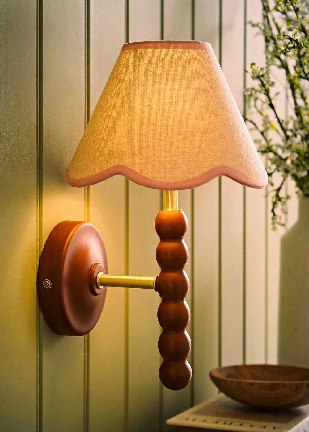 ValueLights Bobble Walnut Wall Light with Pink Trim Scallop Shade - One Size Image 1