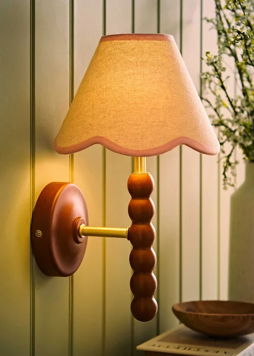 ValueLights Bobble Walnut Wall Light with Pink Trim Scallop Shade - One Size Image 1