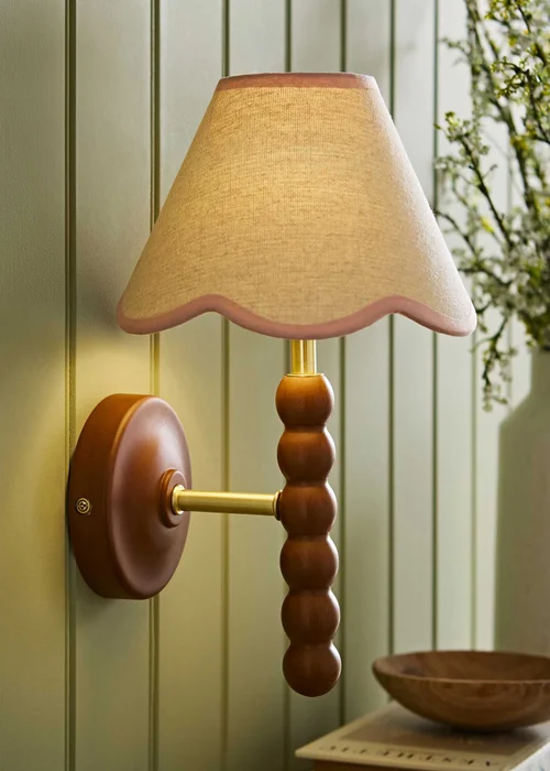 ValueLights Bobble Walnut Wall Light with Pink Trim Scallop Shade - One Size Image 4